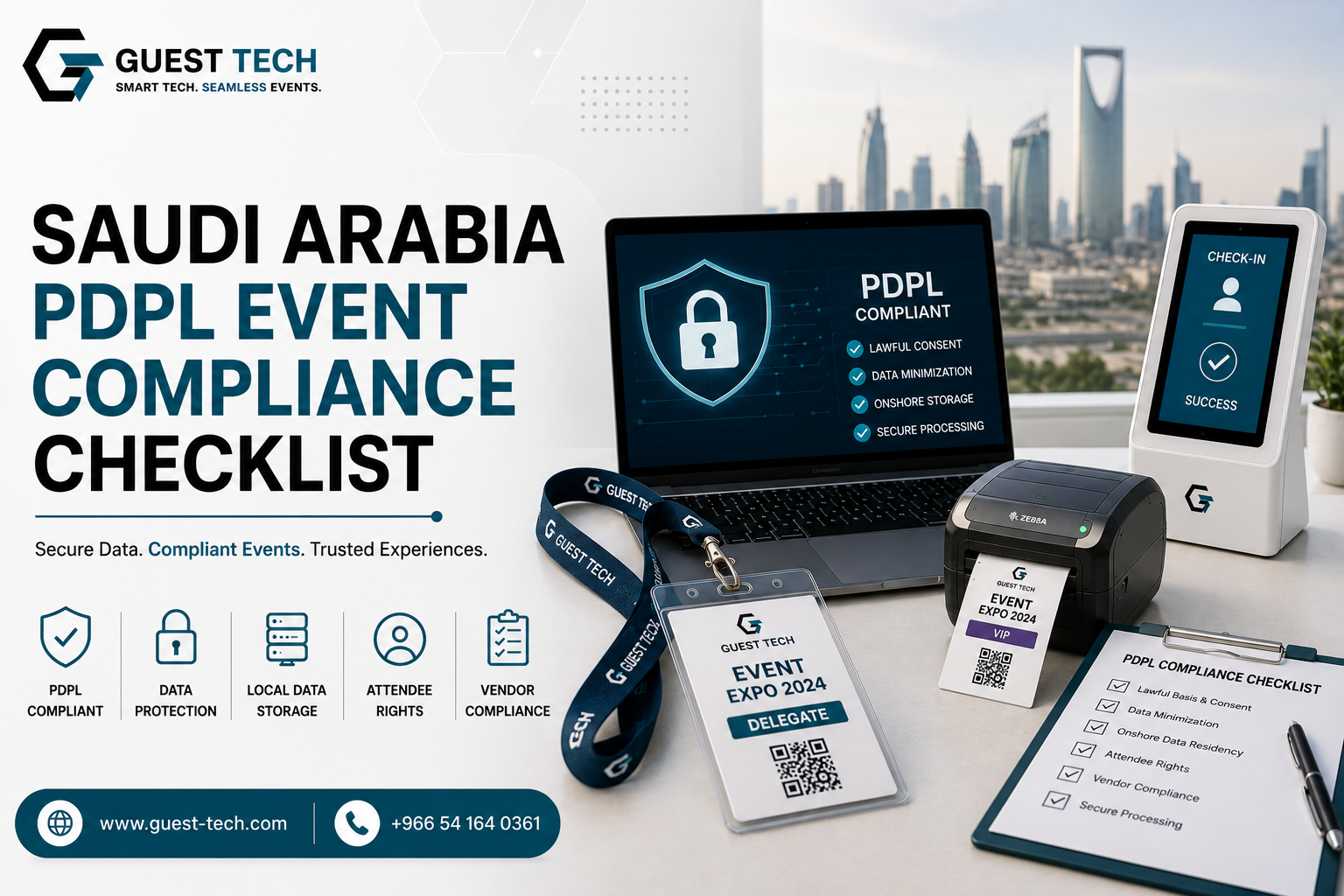 Complete checklist for Saudi Arabia PDPL event compliance standards featuring secure event registration, attendee data protection, local data hosting, and PDPL-compliant event technology.