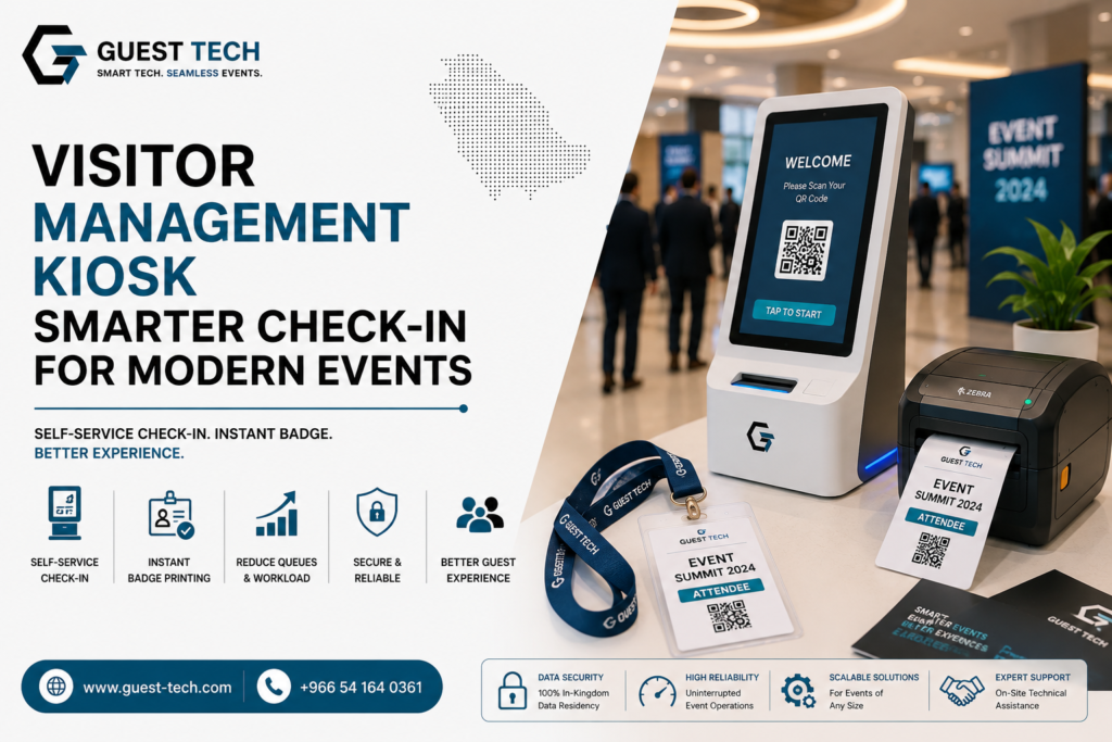 Visitor management kiosk for self-service event check-in and badge printing