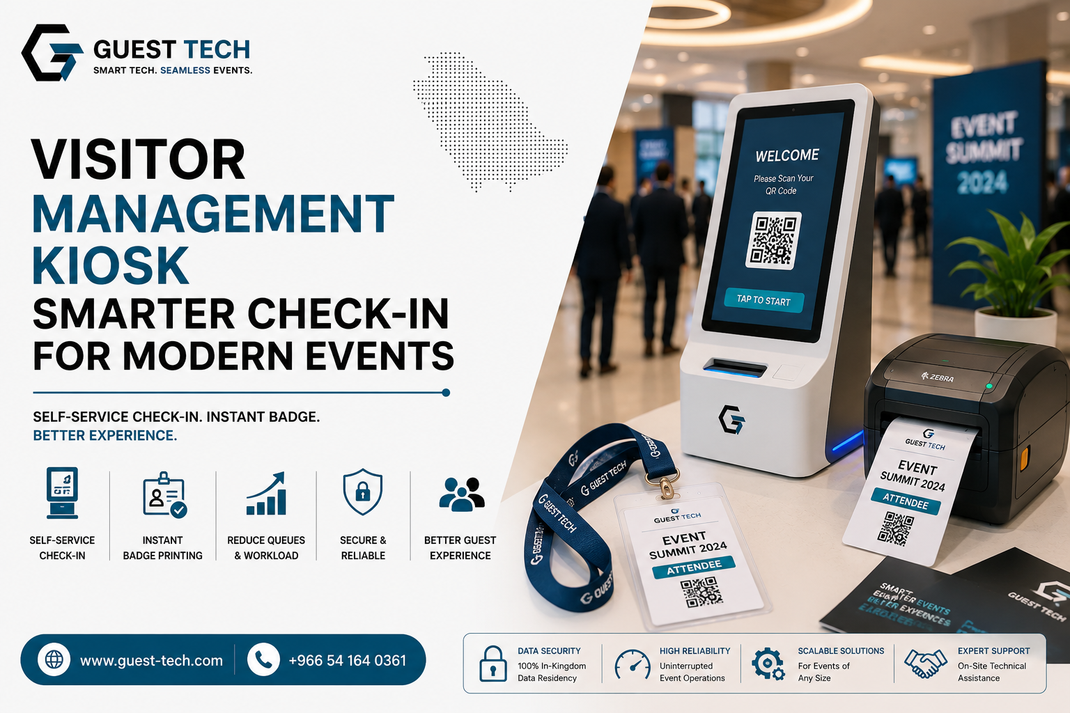 Visitor management kiosk for self-service event check-in and badge printing